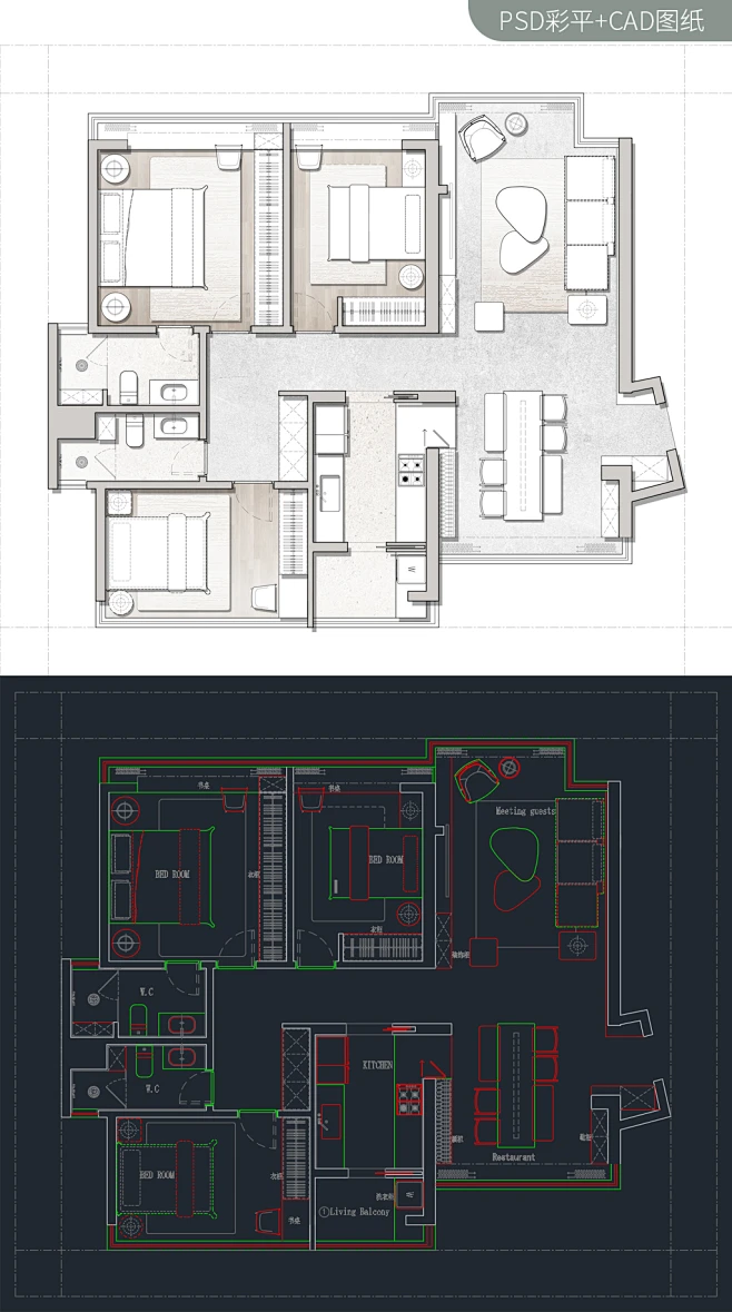 110㎡ 三居A-CAD+PS彩平图-花瓣网