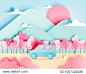 Road trip with car in spring season and natural pastel color scheme background paper cut style vector illustration