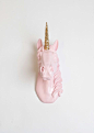 White Faux Taxidermy - The Bayer in Cameo Pink With Gold Glitter Staff | Unicorn Head | Faux Taxidermy | Cameo-Pink Resin: 