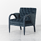 Larry Laslo for Directional, Blue Velvet Tufted Chair, USA, c. 1980 : An elegant chair by Larry Laslo for Directional, its unique form features rounded arms that elegantly curve into its front legs. The piece has been custom restored by Todd Merrill in a 