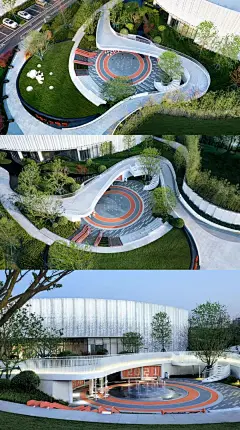 金辉襄阳·优步学府

漂浮流转的白色景观廊桥呈现出大气敞亮的空间界面，干净却有份量，勾勒出一条曲折婉转的参观动线，动态与张力在此得以延伸，成为整个空间的中心记忆点。

利用原场地约2米的高差，打造复合型的下沉广场，激发空间多维体验的活力，形成一个内容丰富形式多元的共享舞台。

利用桥下的灰空间创造互动型儿童活动游戏，配置翻板游戏、触发式水景等偏向于互动类型的游乐设施；场地边侧设置攀爬类游戏，创造出丰富的儿童体验空间。