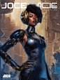********a black woman in a high end women's outfit posing with a robotic suit, in the style of hyperrealistic illustrations, captivating eyes, sleek, utilitarian, gold blue and white, metal compositions, joe madureira, J.G. Jones DC'S 52 cover, hard edge