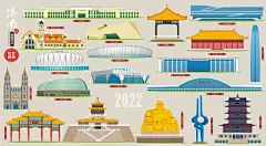 中国山东济南市地标国潮济南地标建筑济南手绘矢量线稿济南市素材