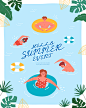 卡通清新夏日海边沙滩椰树游泳冲浪旅游度假插画海报eps设计素材-淘宝网