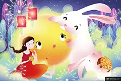 玉兔灯笼彩色手绘动漫人物传统中秋节插图模板平面设计