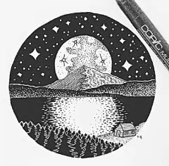 黑白插画 | 在线描的世界里，感受艺术的美好 : 针管笔点绘黑白风景手绘