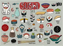 寿司,乱画,华丽的,传统,菜单,寿司卷,食品,紫菜,收集,午餐