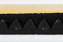 隔音黑灰色吸音泡沫，金字塔式衬垫层板录音工作室附加在墙上作为壁纸背景，减少和保护外部房间的声音。