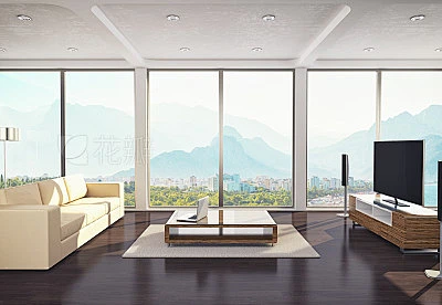 Contemporary Living Room DesignContemporary living room interior with mountain and sea view.