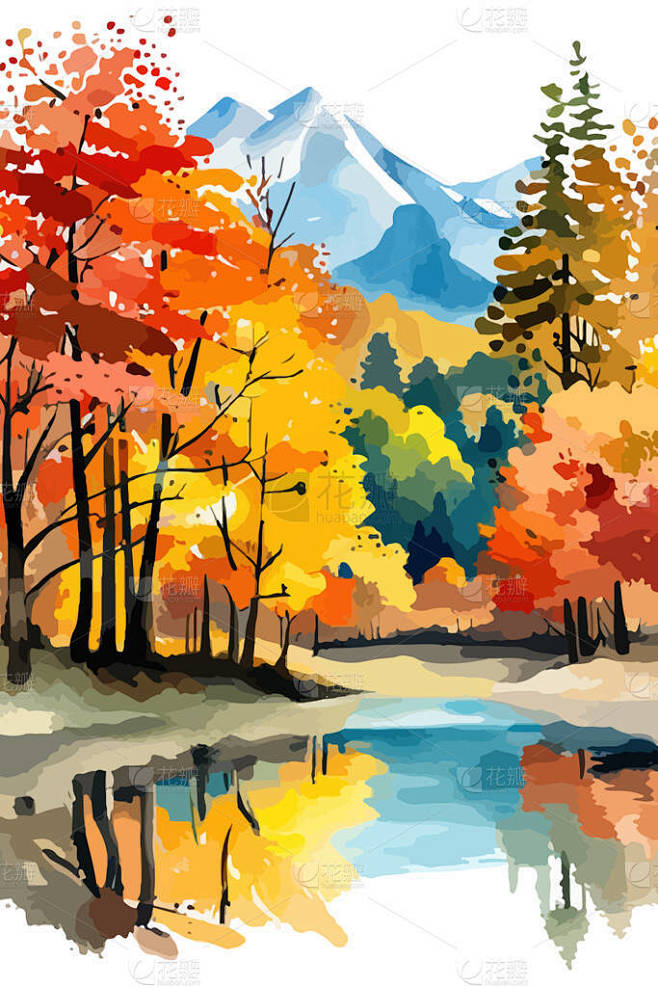 水彩画秋天的森林在湖滨的矢量上描绘了秋天...