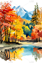 水彩画秋天的森林在湖滨的矢量上描绘了秋天的树木在平静的森林湖畔或池塘在阳光明媚的秋日