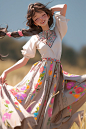 a peaceful 3D dance scene, portrait photography, prairie background, full body photo, chinese Tibetan dance art, playful Tibetan girl, dark brown gradient hair color, delicate skin, almond-shaped glasses, oval face, brilliant and unforgettable smile, whit