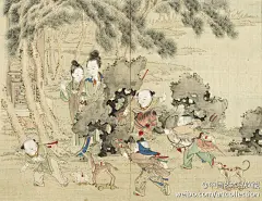 【 清 佚名 《升平乐事图》 】册（共十二开），绢本设色，18.5×24.3cm，台北故宫博物院藏。 图册内容描写宫廷仕女孩童，闹元宵，贺新年。此图为第十开《鹿灯》，绘童子骑著红白竹马道具，手执叉戟与弓箭，前方孩童手举鹰灯，后有狗形车灯，另一童子牵著兔鹿车灯跟随，玩著骑射出猎游戏。