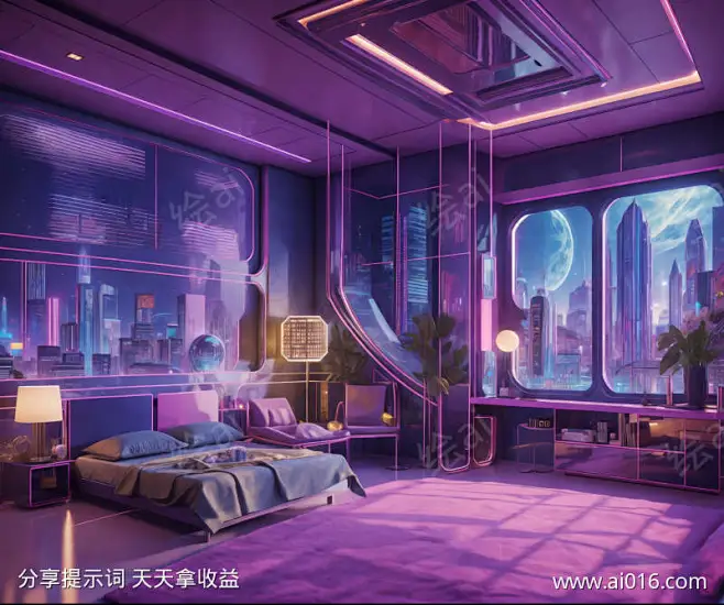 赛博朋克效果房间装修_提示词查看_Stable Diffusion_ai绘图工具关键词描述词咒语_2048X1712像素-赛博朋克,装修,客厅 ...