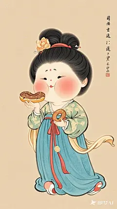 全景,水墨插画,极简主义，漂亮的唐代女士插画,胖女士吃甜甜圈，现代人物与古风工笔画结合，画风细腻成熟，独特的风格，识别度高，人物讨喜又不失韵味，可爱的Q版唐代风俗画图，背景简洁，纯色背景。 (2)
