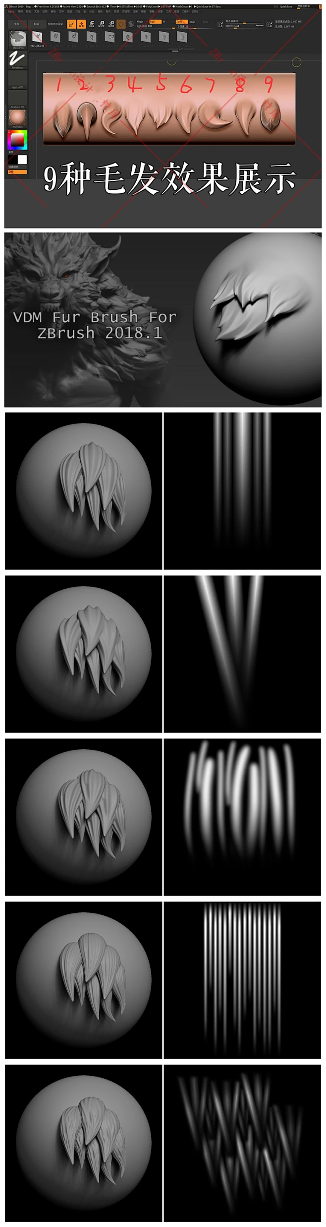 zb笔刷 zbrush动物毛发效果笔刷 头发 VDM Fur Brush for Zbrush 2018 ZBP格式 CG原画参考设定-花瓣网
