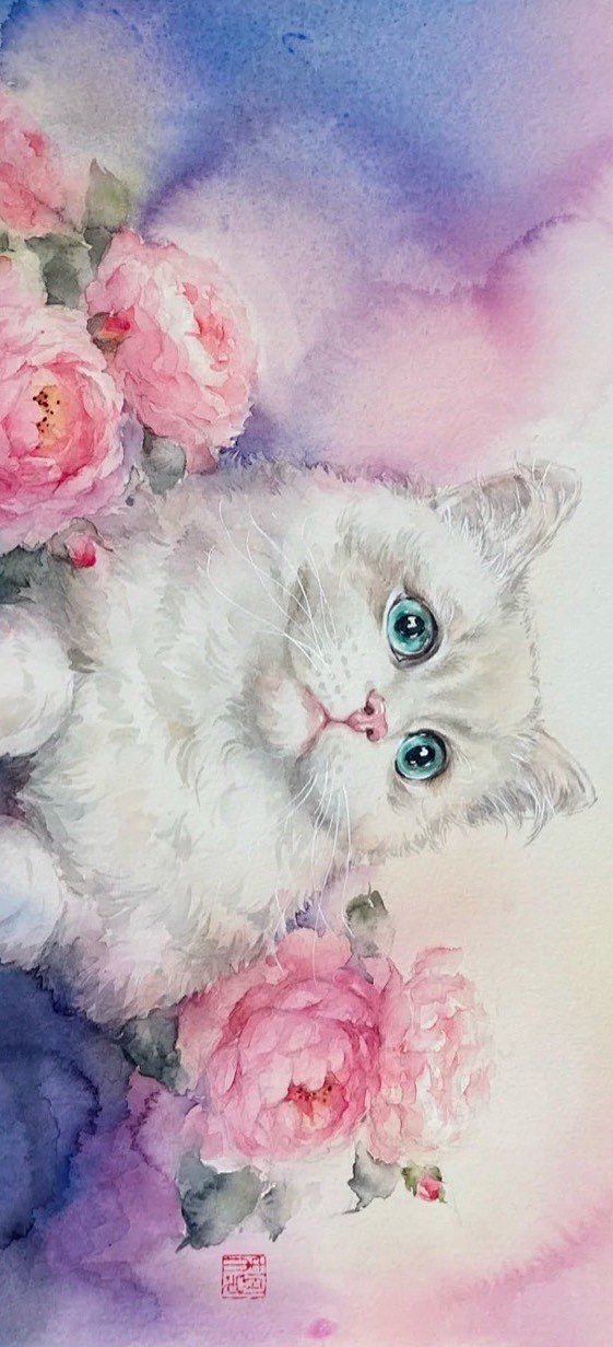 水彩插画  花中一只白  猫猫