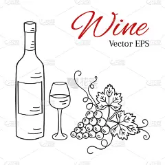 酒瓶，玻璃和葡萄矢量插图。