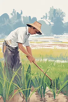 插秧耕种人物插画绘画
