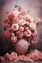 pink roses on pink wallpaper, in the style of soft-focused realism, mike campau, soft, romantic scenes, romantic emotion, colorful arrangements, light and airy, nelleke pieters