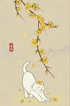 雪猫戏扑风花影[心] 古风场景插画，猫咪系列。 （画师@画画的商商） #古风插画#