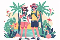 扁平风旅游清新氛围感插画