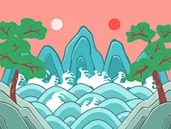 点击来源直接获取大图文件 |Korean traditional concept vector illustration. Mountain, Sea, Trees.