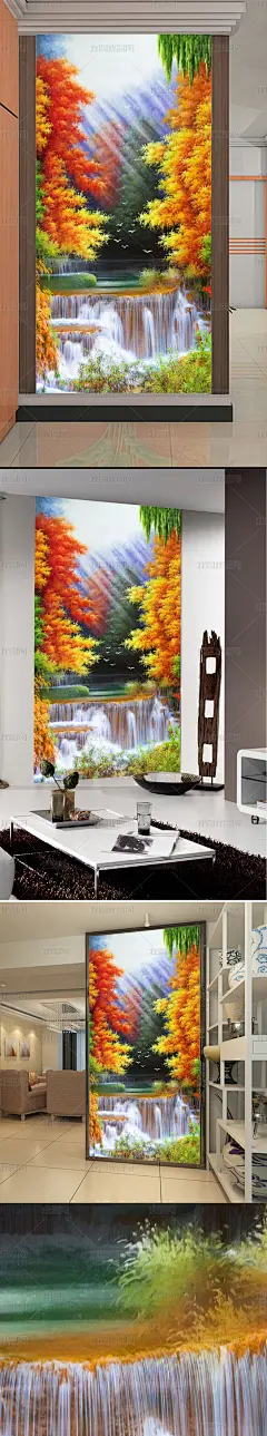 高清立体手绘高山流水瀑布花开富贵油画玄关
