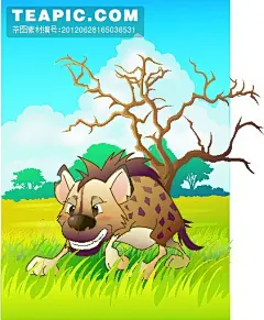 矢量动物插画039#插画##野生动物##卡通##蓝天##白云##树林##大草原##树干##豺狼#