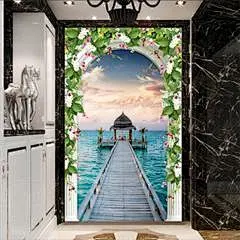 罗马柱唯美海景3D玄关过道背景墙客厅走廊壁画定制壁纸 家装玄关