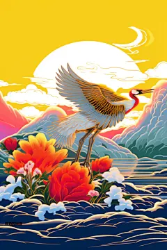 设计浮世绘风烫金古风国潮丹顶鹤插画