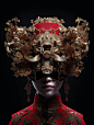 A virtually assembled mask of intricate structures and diverse elements. God-level compositional artistry. Layered density. Claustrophobic intensity. China Religious Photography Gold Award. A mask composed of elaborate architecture, mythical creatures, an