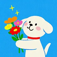 治愈系画风格，简洁，干净，颜色鲜艳，一只线条白色小狗手捧着一束鲜花，眼睛发光，开心，笔触感，高级，艺术家Yeoniu Choi风格，简笔画，卡通，粗线条勾勒，