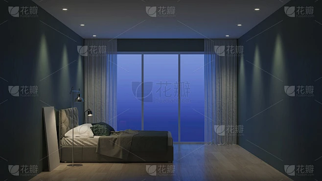 现代房子内部。带有玻璃隔板的室内卧室。的夜晚。晚上照明。3 d渲染。素材-花瓣网