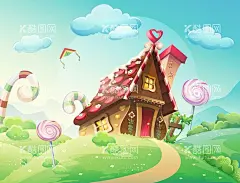 童话世界插画  - 源文件下载【酷图网】卡通房子,糖果屋,棒棒糖,卡通风景,漫画,草地景色,eps,ai,矢量,高清图片,素材,