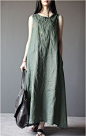 Embroidered Linen Dress in Green: 