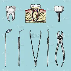 牙科医生牙齿珐琅质、固定医生的仪器设备。口腔清洁或生病。健康或蛀人。用旧的或老式的素描手绘的。医学，