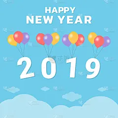 新年快乐2019文字与彩色气球在蓝天白云-向量