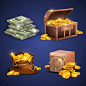 Casino vector 3d signs and money icons. Dollars, gold coins in safe deposit and moneybag. Golden heap coins in box, illustration o