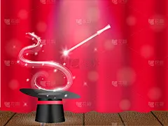 舞台上的魔杖和巫师帽。矢量插图。