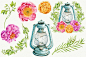 煤油灯 叶 花束 Lantern. Watercolor clipart - Graphics - 2