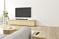3d rendering of hanging television screen on white wall.