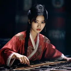 (2/4)东方女孩手持乐器，以电影般的灯光风格，传统肖像画，阮家，红色，32k UHD，高质量照片，柔焦技术(AI绘图来自WeDraw.art)