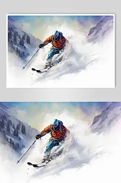 AI数字艺术水彩剪影风冬季运动会滑雪元素