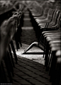 Idea:  breaking free from uniformity...all in order then one thrown out of place..not even in order/place/line...just completely separate...obvious...remove the chair from the row and throw it someplace as more of a rebellious touch...stronger feeling/emo