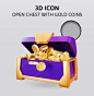 Open chest with gold coins 3d rendering illustration