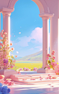 a 3d portrait background with flowers and pillars, in the style of childlike illustrations, windows vista, uhd image, pinkcore, lively nature scenes, pastel-colored scenes, resin