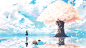 Anime 1422x800 cherry blossom anime girls guitar trees sky clouds reflection