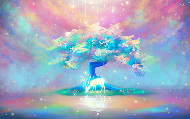 手绘梦幻七彩森林与鹿星空原创插画海报