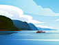 Landscape study design flat ocean sea yacht boat clouds dissolve landscape 2d texture illustration